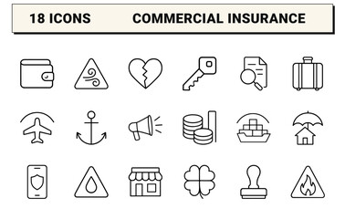 Fototapeta premium Insurance business line icon set. Vector pictograms of protection, policy, claims, and coverage elements, thin linear illustration.