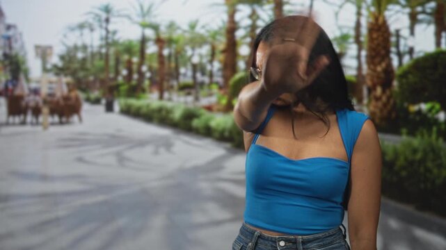 Woman with hand covering face and pushing palm toward camera on palm lined street in blue top and jeans; shyness privacy.