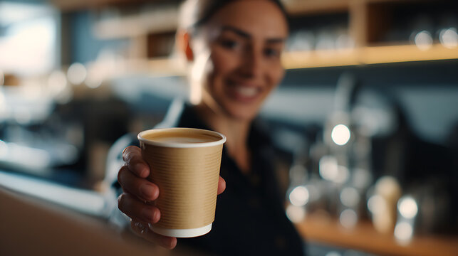 Friendly barista present warm coffee beverage in paper cup at cafe, focus on hand. Customer service, morning energized drink concept