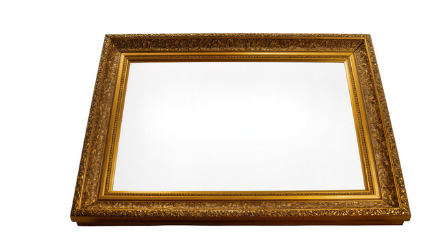 Isolated antique gold picture frame with intricate carvings, perfect for art or photography display