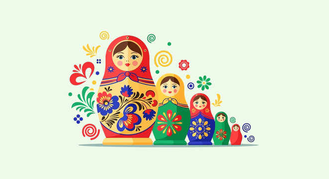Russian Nesting Dolls with Folk Art Motifs, Light Green Background