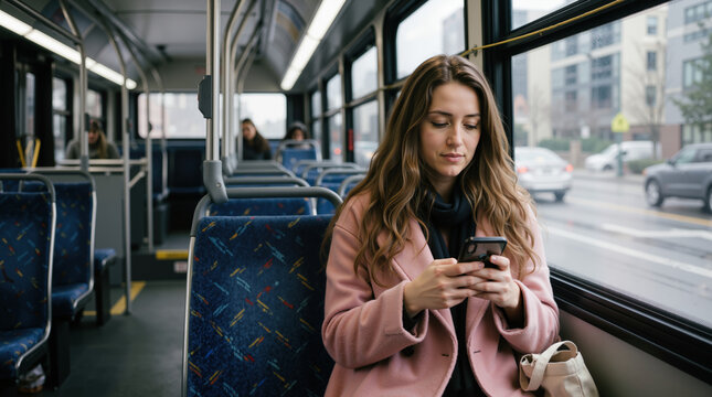 Young woman using smartphone on a public bus. Female passenger in pink coat commuting in the city. Urban lifestyle and technology concept with copy space