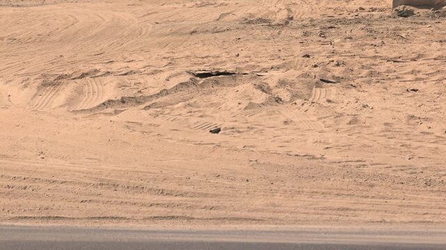 desert road edge showing asphalt border and sandy roadside with tire tracks creating textured surface in arid landscape with dry environment and travel concep