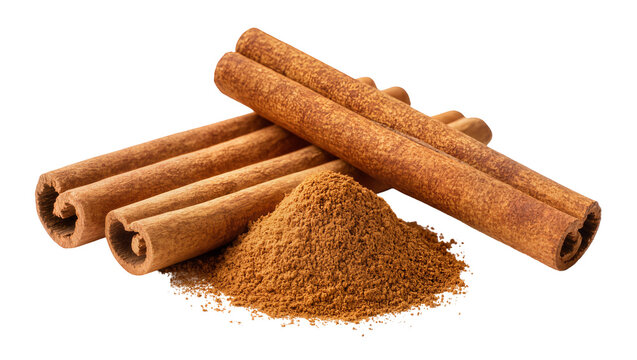 Isolated cinnamon sticks and a pile of ground spice, fragrant aromatic cooking ingredient.