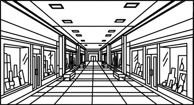 Empty shopping mall corridor with storefronts and ceiling lights.