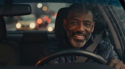 Naklejka na ściany i meble Mature African American man drives car in city rain. He smiles happily at camera, looking through wet window. Blurred city lights create bokeh effect, suggesting a pleasant commute.