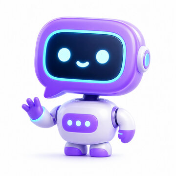 Cute Friendly AI Chatbot Robot Character Waving with Neon Glow Smiley Face 3D Icon Illustration