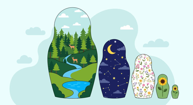 Matryoshka dolls with nature scenes inside