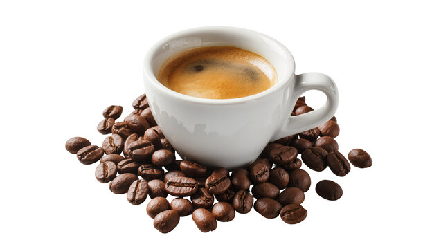 Isolated coffee cup with aromatic espresso and scattered roasted coffee beans for a fresh morning