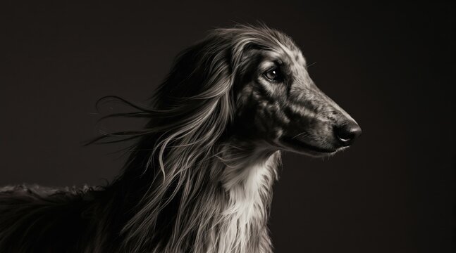 Afghan Hound with long flowing hair looks regal and poised. This elegant purebred dog exhibits a distinct appearance. Its silky mane catches light against dark background.