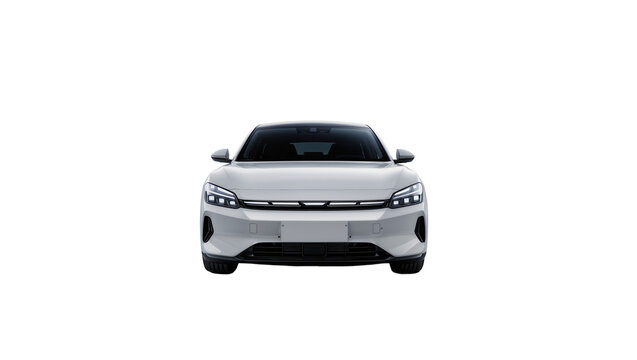 Isolated modern white electric vehicle with sleek design, front view, new model car
