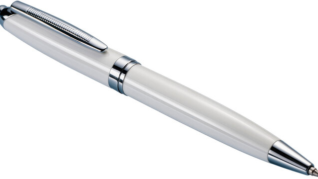 Isolated elegant white and silver metal ballpoint pen with clip, a stylish writing instrument