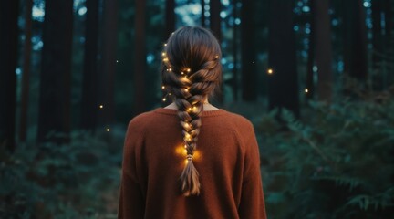 Obraz premium Woman with braid and fairy lights in dark forest at dusk. Mysterious magical atmosphere, gentle bokeh lights float around her. Peaceful nature scene, serene ambiance.