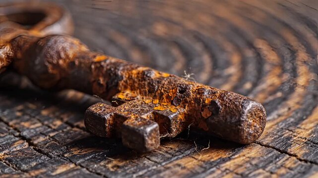 Closeup of an old rusty key lying on a weathered wooden surface.