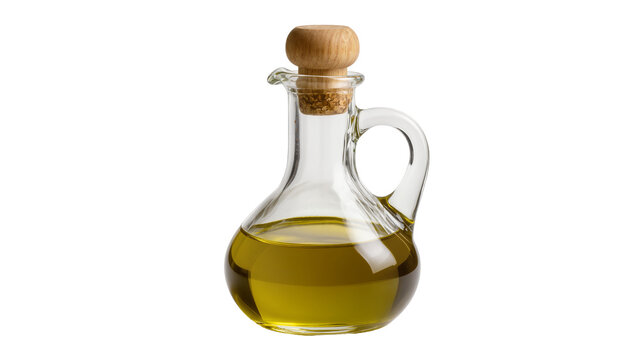 Isolated elegant glass cruet of golden healthy olive oil with natural wooden cork stopper