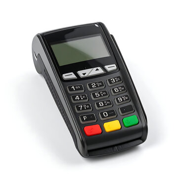 Portable credit card terminal with numeric keypad and screen, isolated on white background, e-commerce and payment processing device