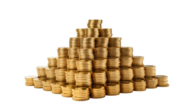 Isolated stack of shiny golden coins arranged in a pyramid shape, concept of wealth and success