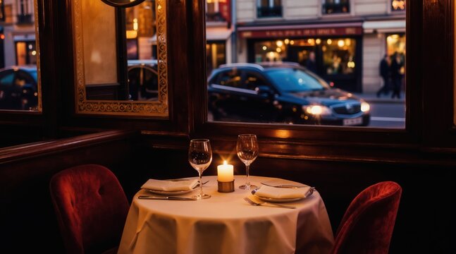 Table for two with candle, wine glasses in Paris cafe. Evening street view from inside. Cozy atmosphere, romantic mood, urban elegance, dining experience awaits.