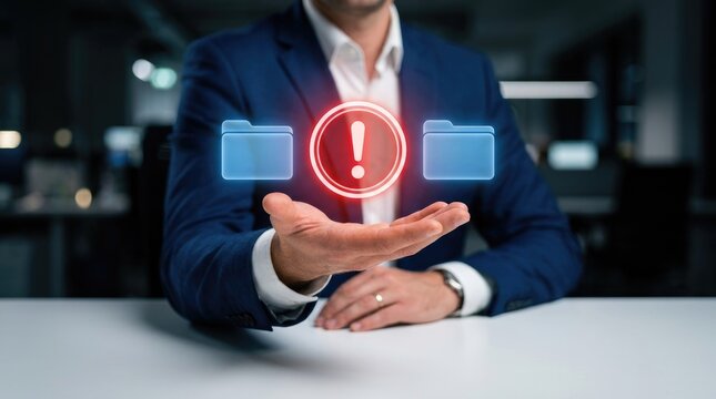 Businessman presenting warning sign between two files