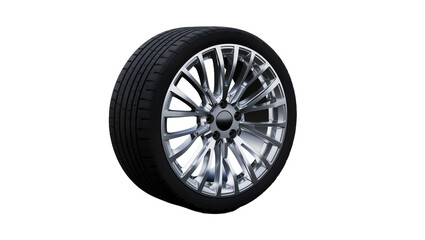 Obraz premium Isolated modern alloy car wheel with tire, shiny metallic spokes, automotive detail