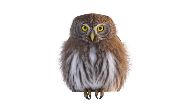 Isolated small cute owl looking directly at camera, captivating yellow eyes, wild bird