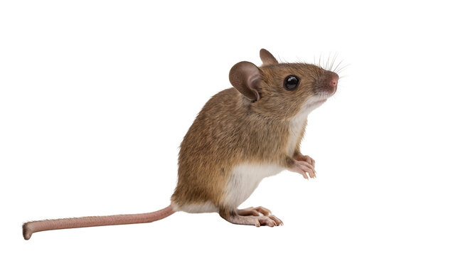 Isolated adorable wild mouse standing on its hind legs looking to the right intently