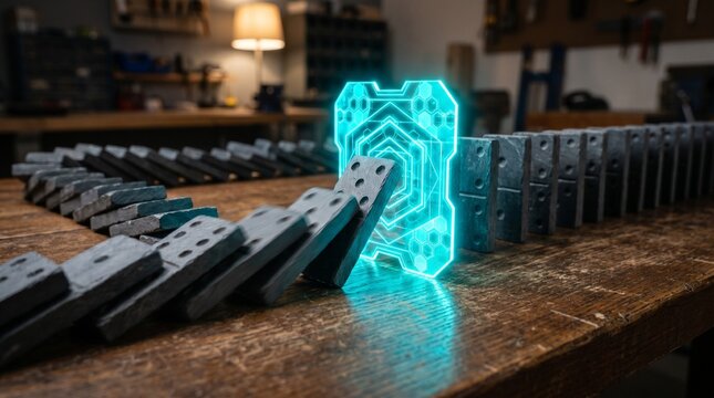 Glowing cyan energy shield stopping a chain reaction of dark falling dominoes, symbolizing proactive risk management.