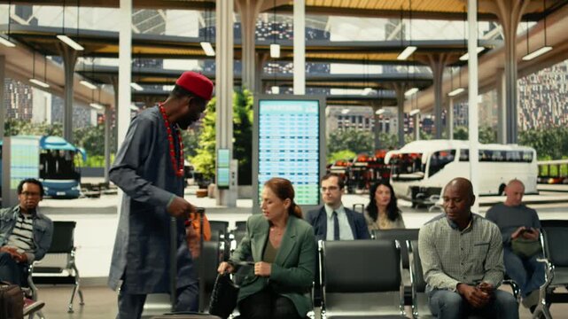 Diverse passengers accidentally bumping into each other in crowded bus stop during rush hour travel. Fast-paced human flow with travelers rushing through busy intercity coach station.