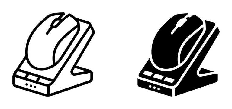 Computer Mouse and Charging Dock Icons, Wireless Peripherals, Technology Symbols, Vector Graphics