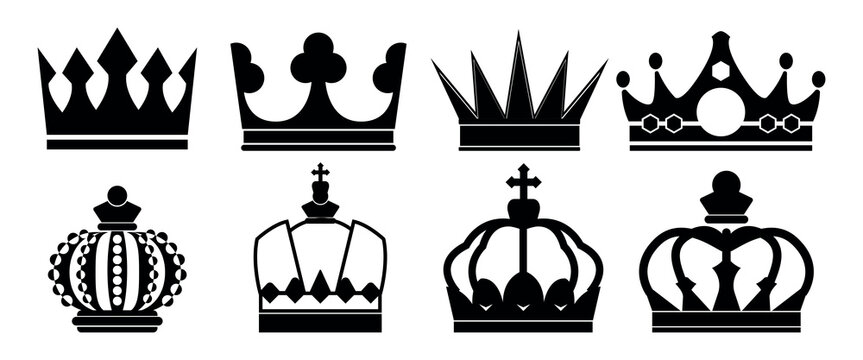 Set of black vector crown icons, royal headwear silhouettes on white background