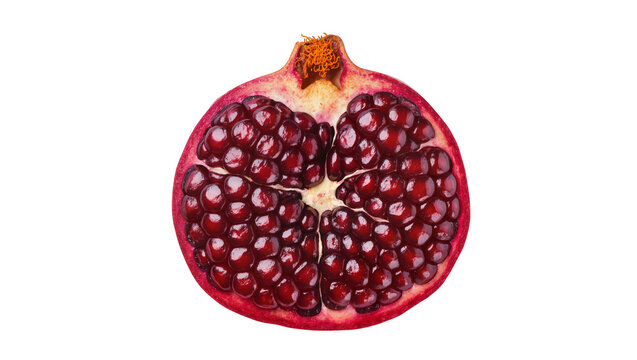 Isolated ripe half pomegranate fruit cross-section with sweet, edible, ruby red arils.