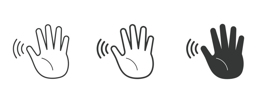 Waving Hand Icon Set. A collection of three simplified line art icons depicting a hand waving, symbolizing greeting, welcome, or farewell.