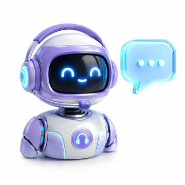 3D AI Chatbot Robot With Speech Bubble, Cute Virtual Assistant Mascot, Futuristic Customer Support Icon