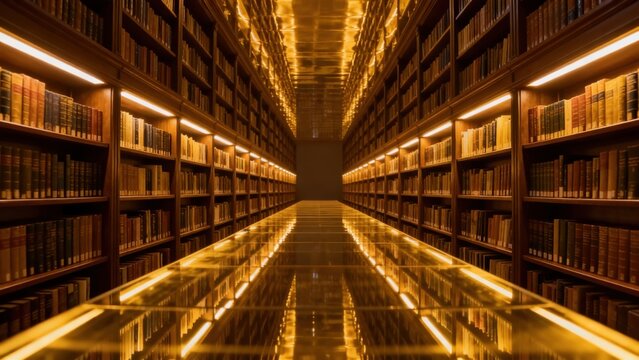 Long library aisle with bookshelves