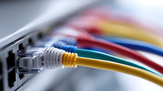 Vibrant Colorful Network Cables Connect to a Device Port, Illustrating Essential Data Transmission and Connectivity in a Modern Setup