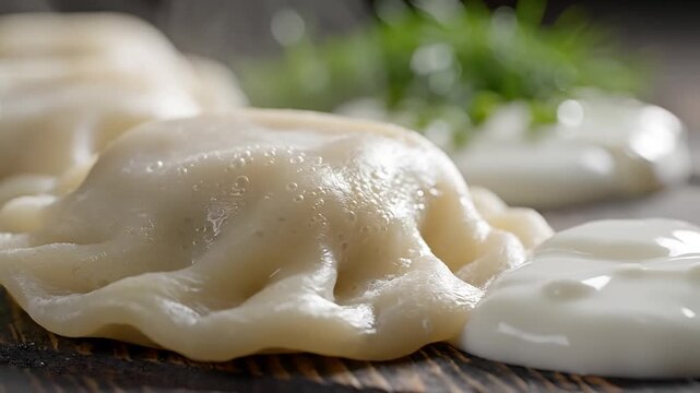 Delicious Pierogi Dumplings Served with Sour Cream and Dill.