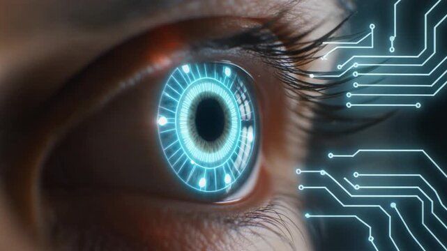 Cyber eye scanning gash circuit glowing legal digital interface