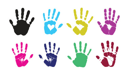 Fototapeta premium Colorful Handprint Collection: Vibrant handprint graphics in multiple colors for creativity and education themes. painted hands, children activity, artistic design, hand stamp, colorful pattern.