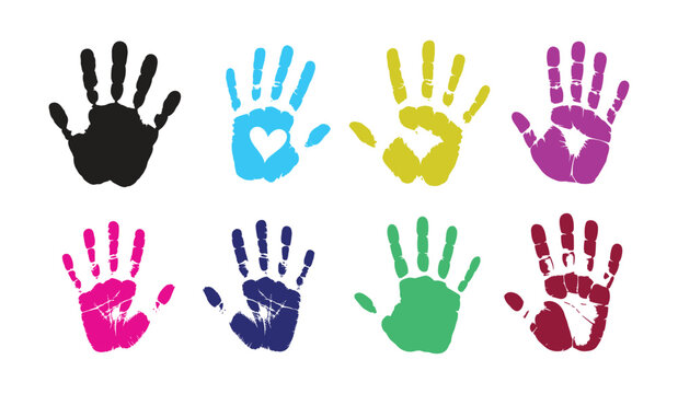 Colorful Handprint Collection: Vibrant handprint graphics in multiple colors for creativity and education themes. painted hands, children activity, artistic design, hand stamp, colorful pattern.
