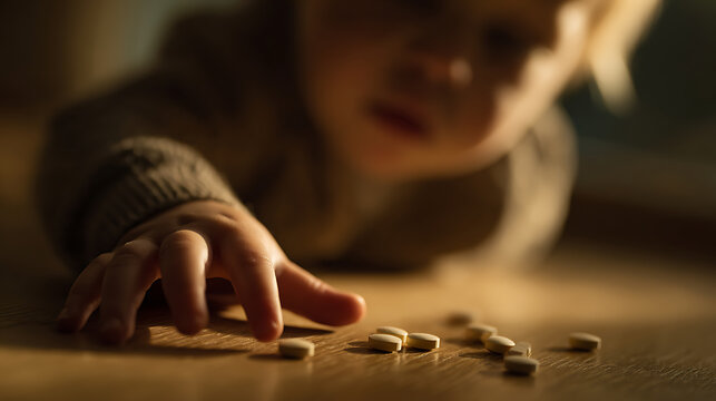 Young child's hand reaches for scattered small objects on a wooden floor in dimly lit interior, emphasizing curiosity and potential danger