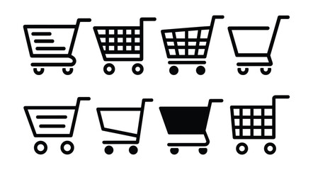 Shopping Cart Icon Collection: A set of minimal shopping cart symbols displayed in multiple styles and designs for retail and e-commerce use. online shopping, basket icons, store interface. © Jibit