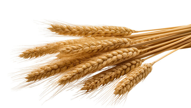 Isolated golden ripe wheat ears and stalks, dry cereal crop for harvest and food design.