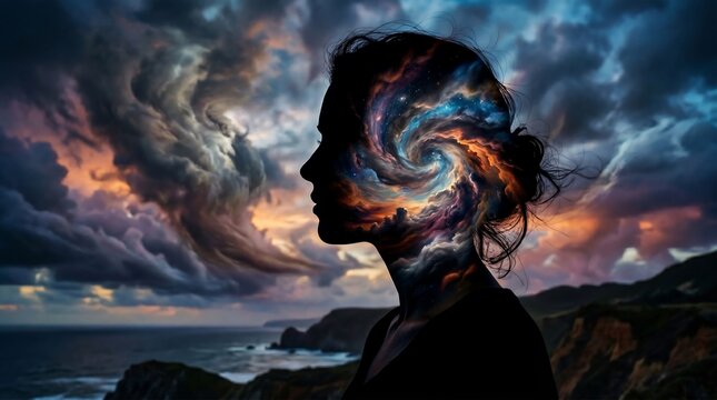 Silhouette of a woman's head with a swirling galaxy of stars and nebulae within her profile against a dramatic, stormy sky and ocean vista.
