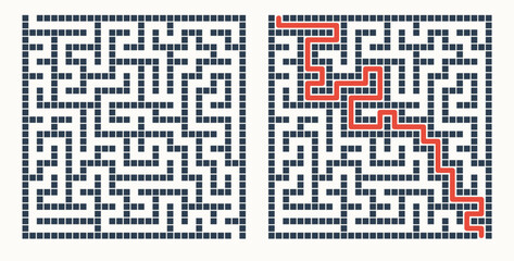 Fototapeta premium Labyrinth game grid, vector illustration style, black and red on white, puzzle solution visualization with solved path highlighted, educational brain teaser with copy space