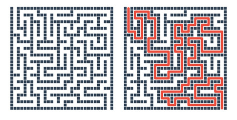 Fototapeta premium Labyrinth game grid, vector illustration style, black and red on white, puzzle solution visualization with solved path highlighted, educational brain teaser with copy space