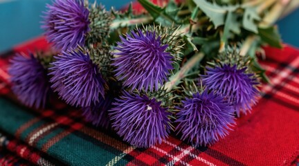 Obraz premium Purple thistle flowers rest on red, green tartan fabric. This natural arrangement symbolizes Scottish heritage, national pride. It represents tradition, Celtic culture. Decorative floral display.