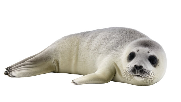 Isolated adorable harp seal pup resting comfortably on its belly with a cute expression