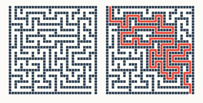 Labyrinth game grid, vector illustration style, black and red on white, puzzle solution visualization with solved path highlighted, educational brain teaser with copy space