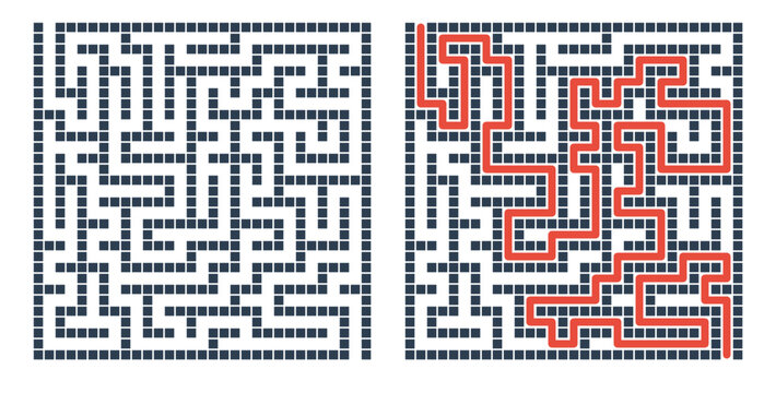 Labyrinth game grid, vector illustration style, black and red on white, puzzle solution visualization with solved path highlighted, educational brain teaser with copy space