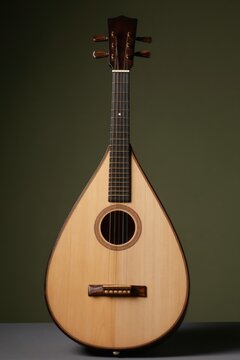 Baroque theorbo a 17th century string instrument. It is a large plucked lute used in early opera. This elegant musical object has a wooden body and frets.